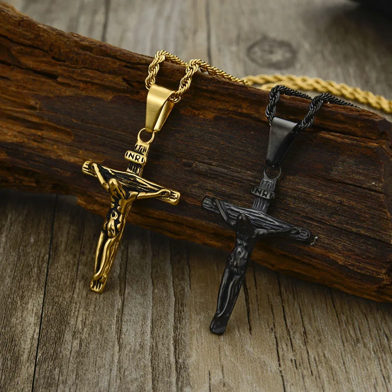 Нержавеющая сталь золото Цвет INRI Jesus частей крест кулон& Цепочки и ожерелья посеребрянное ожерелье для Для мужчин подарок Винтаж ювелирные украшения с христианской символикой
