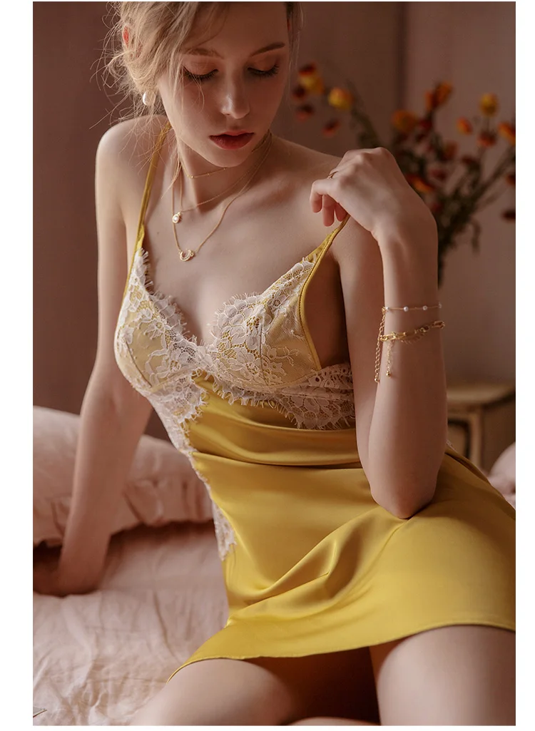 

Beauty Back Strap Night Gowns Sexy Sleepwear Nightgowns Women Pajamas Dress Deep V Lace Ice Silk Temptation Gothic Home Clothes