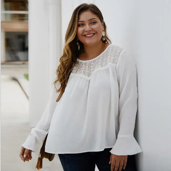 

Блузка женская кружевная, с круглым вырезом и длинными расклешенными рукавами, большой размер, размера плюс, 3XL, 4XL, CL257