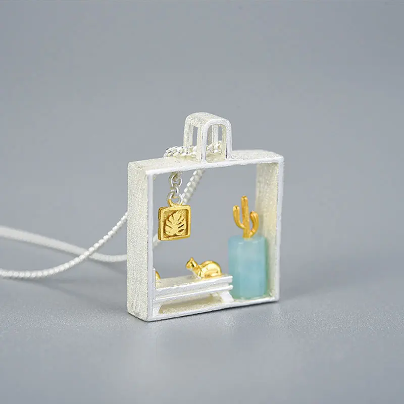 

Linmouge Fashion Necklace For Women Silver Color Hollow Square Shape Cute Lazy Cat At Home Pendant High Quality Jewelry GE33