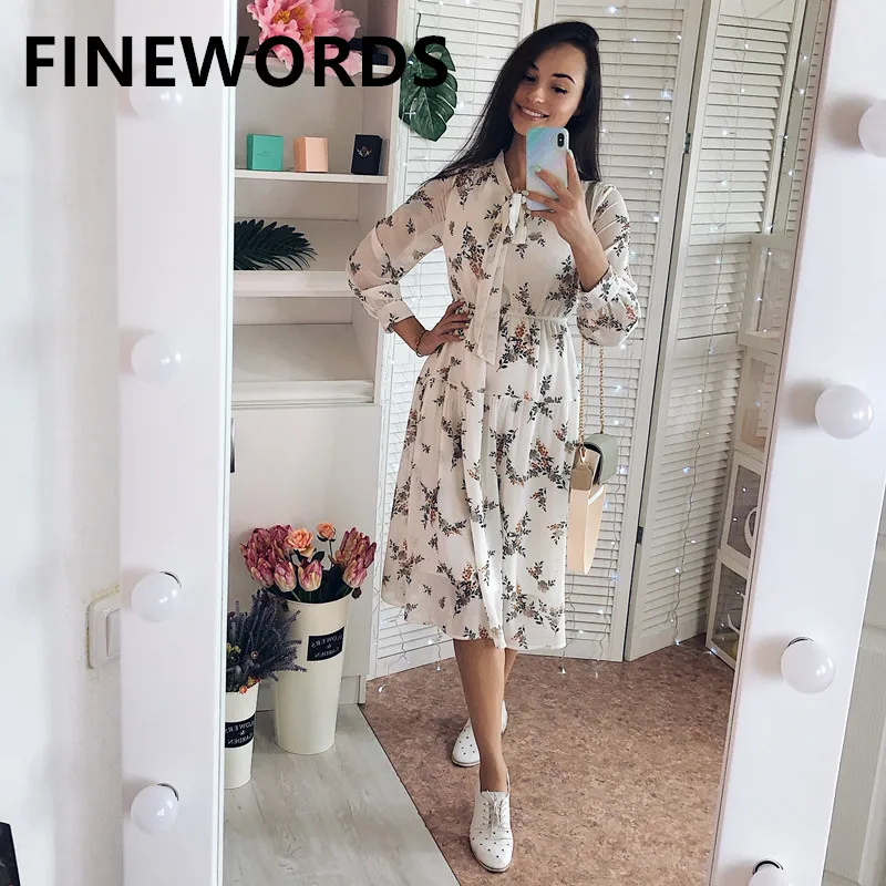 Винтажное осеннее платье с цветочным принтом FINEWORDS 2020 корейские шифоновые платья