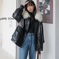 womens bomber jacket winte korean loose black pie overcoming plaid stitching leather coat big fur collar fashion cotton female