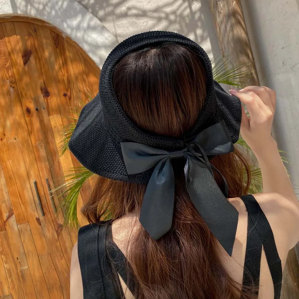 

Korean Sun Protection Knitted Women's Hat For Summer 2021 Bowknot Empty Top Hat Straw Hat Adult Cap