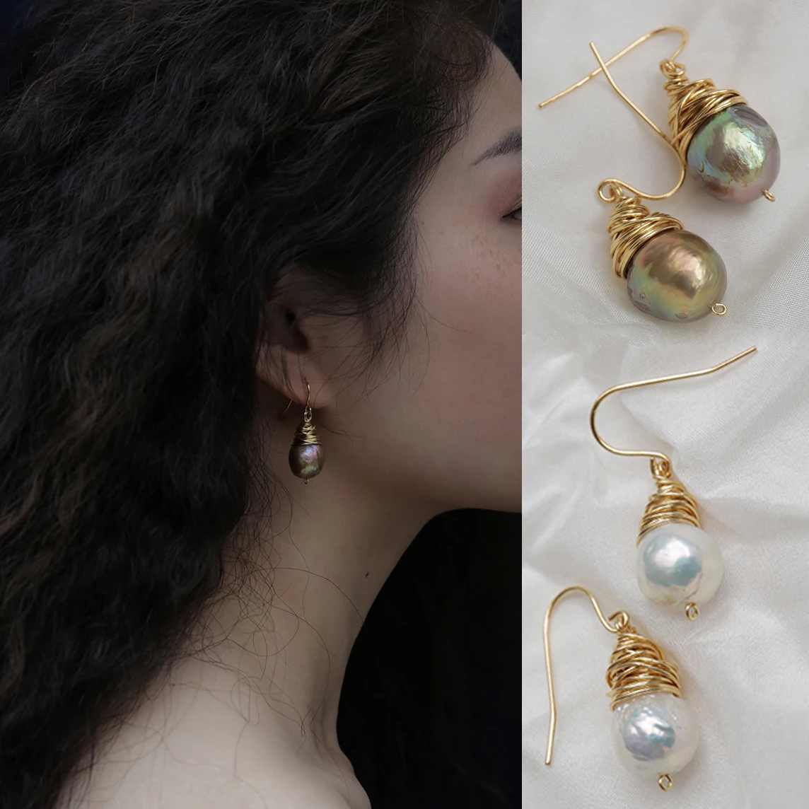 

2019 Vintage Good Quality Baroque Pearl Earrings Gold Color Handmade Fancy Shinny Real Pearl Drop Earrings for Women