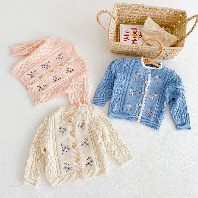 

2022 Spring New Long-Sleeve Embroidery Flower Little Girls Cardigan Children Clothing Infant Baby Clothes Girls Jacket 0-3 Years