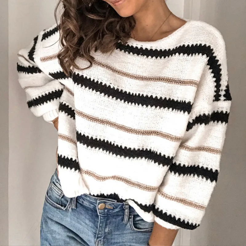 

Женский вязаный шерстяной пуловер в полоску, Свитер оверсайз с круглым вырезом и длинным рукавом, уличная одежда для женщин на осень 2021