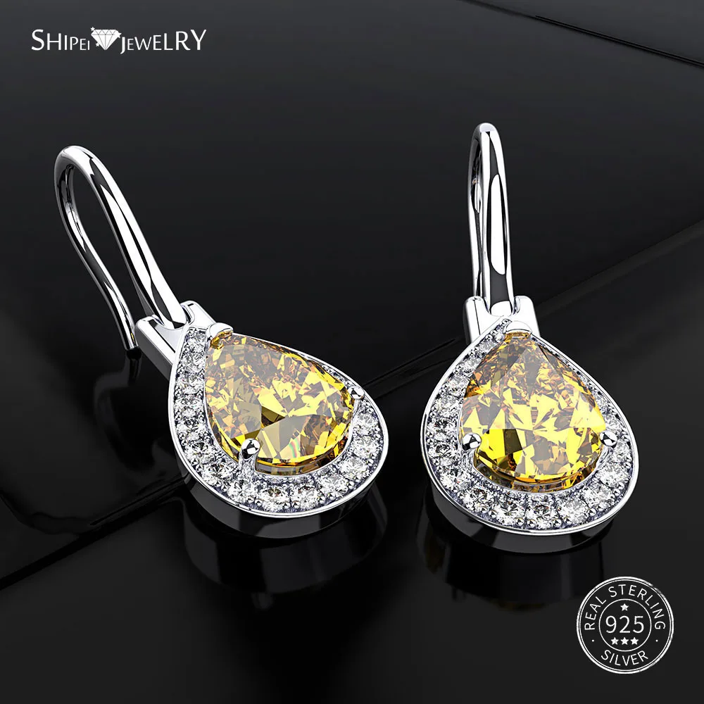 Shipei 925 пробы, серебряные, желтые, розовые, белые сапфировые серьги в форме капли воды, хорошее ювелирное изделие, висячие серьги для женщин - Цвет камня: Yellow Sapphire