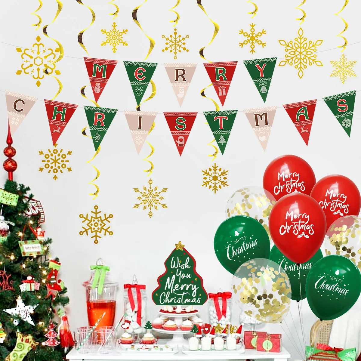 

2021 Christmas Balloon Set Christmas Pull Flag Banner Spiral Ornament Christmas Cake Ornament Holiday Party Decoration