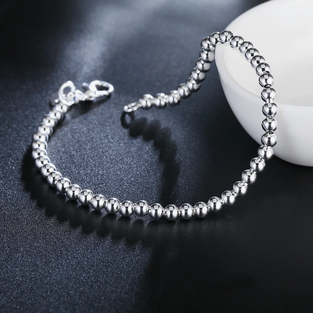 

100% 925 Solid Real Sterling Silver Fashion 4mm Beads Chain Bracelet for Women 20cm For Teen Girls Lady Gift Women Fine Jewelry