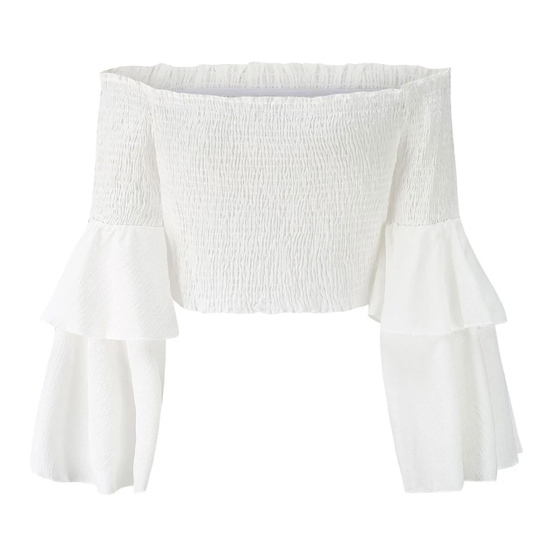 

Ladies Women Summer Elastic Trumpet Sleeve Cropped Top Off the Shoulder Pullover L9BE