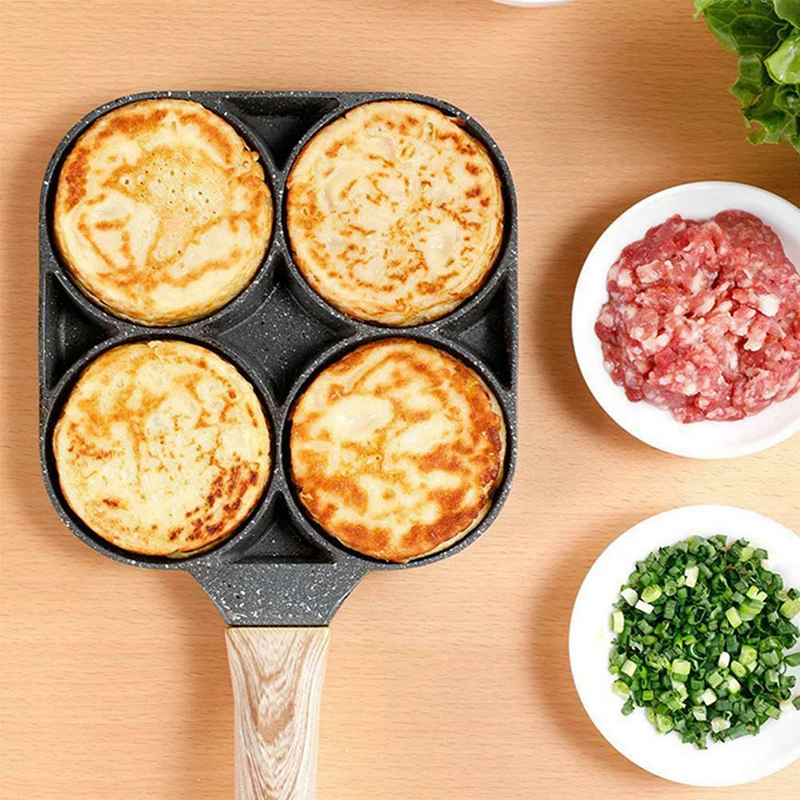 

4 Hole Fried Egg Burger Pan Non-stick Ham Pancake Maker Wooden Handle Suitable For Gas Stove And Induction Cooker Kitchen Tools