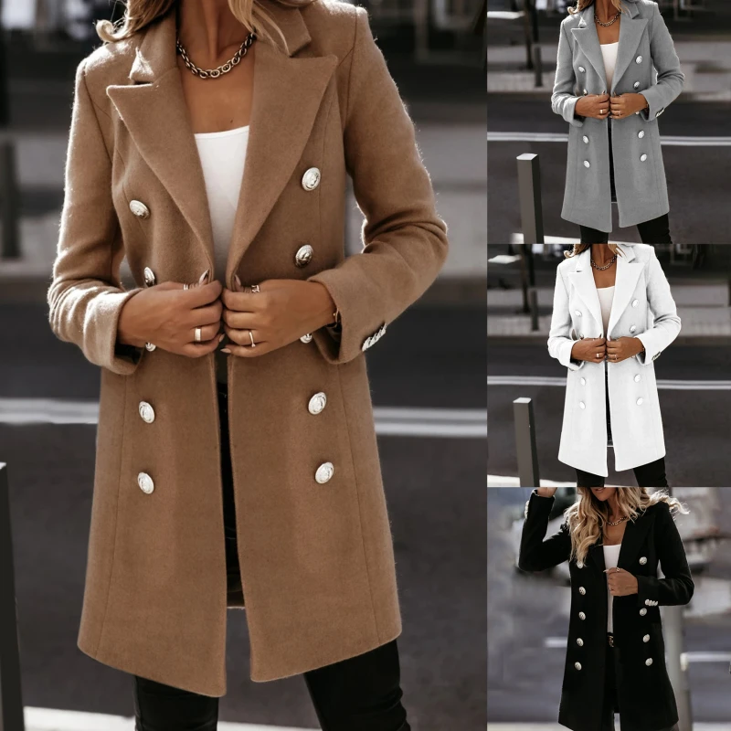 

Женское длинное пальто на пуговицах, элегантная офисная теплая куртка с отложным воротником, длинным рукавом и карманами, уличная одежда дл...