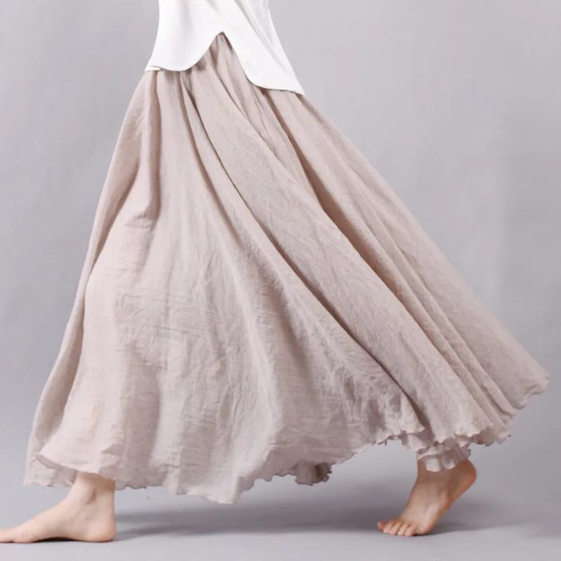 

2020 Women Linen Cotton Long Skirts Elastic Waist Pleated Maxi Skirts Beach Boho Vintage Summer Skirts Faldas Saia