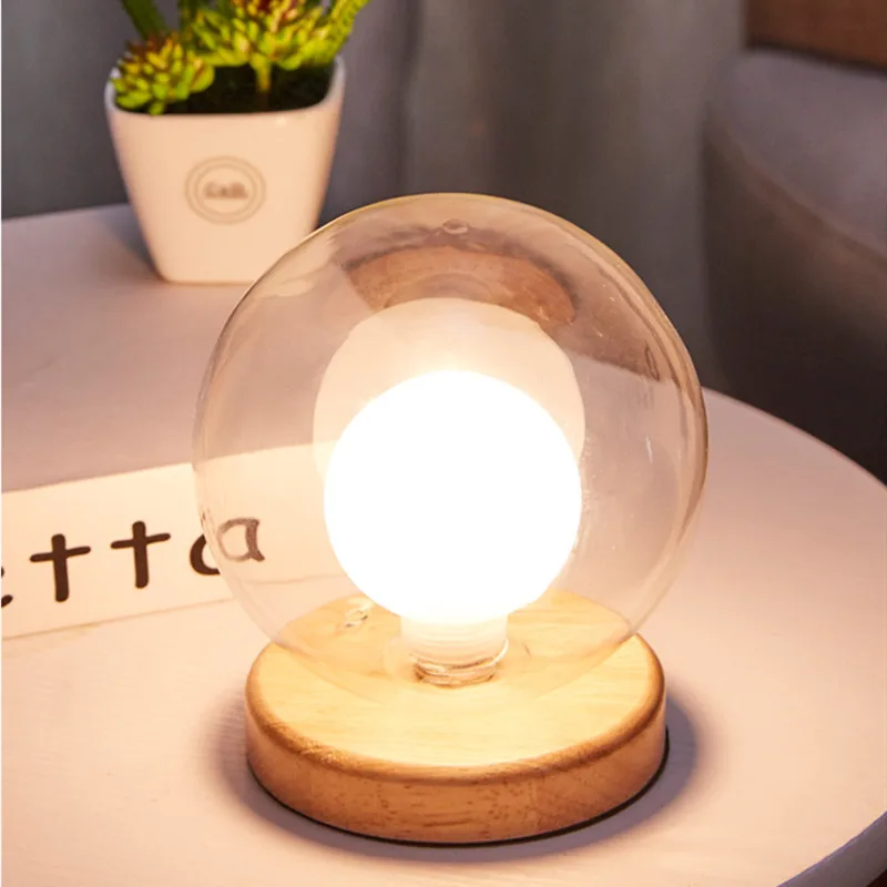 Круглая стеклянная настольная лампа светодиодная прикроватная теплый свет