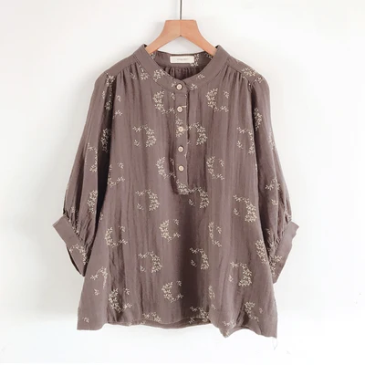 

Mori Series Batwing Sleeve Top Shirt Women Stand Collar Double Layer Cotton Yarn Casual Shirt