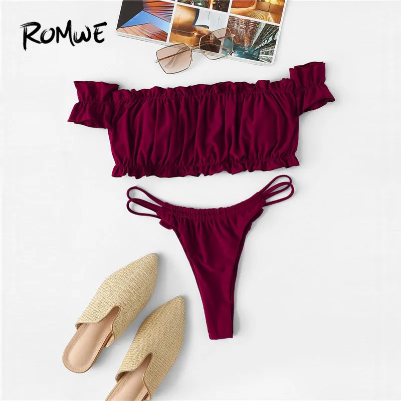 Romwe Sport Lettuce Trim and Strappy Thong Bikini Set Summer Wireless Off the Shoulder Sexy Bathing Suit Women High Cut Swimsuit
