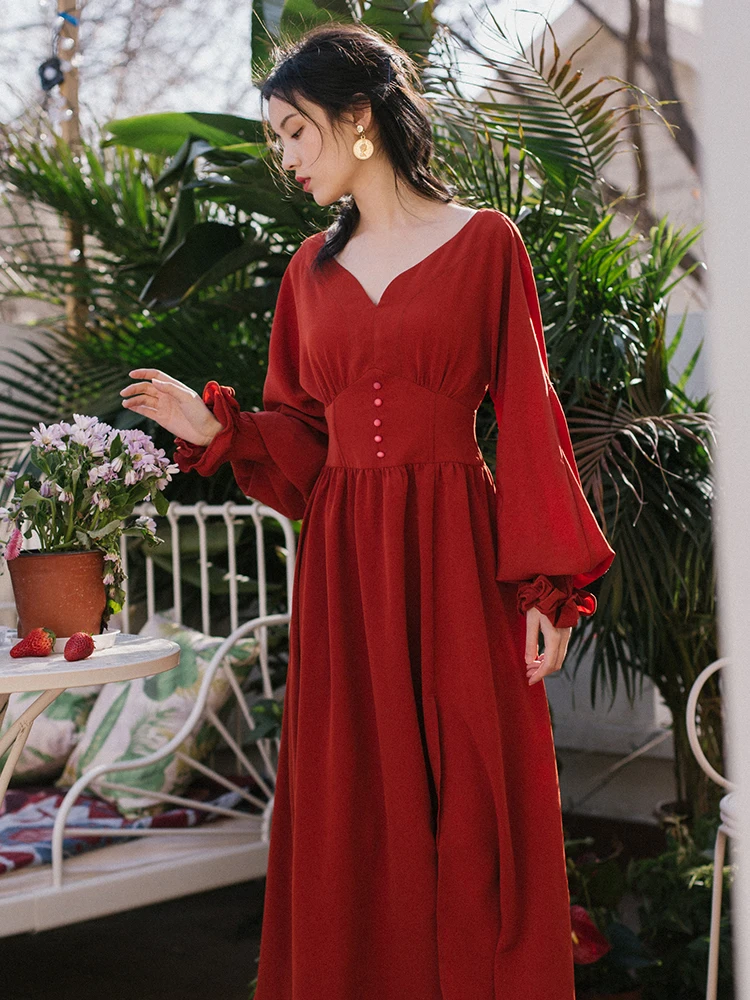 

2021 Spring Women's Clothing French Style Design Faldas Retro Red Square Collar Vintage Dress Maxi Formal Dresses Robe Longue