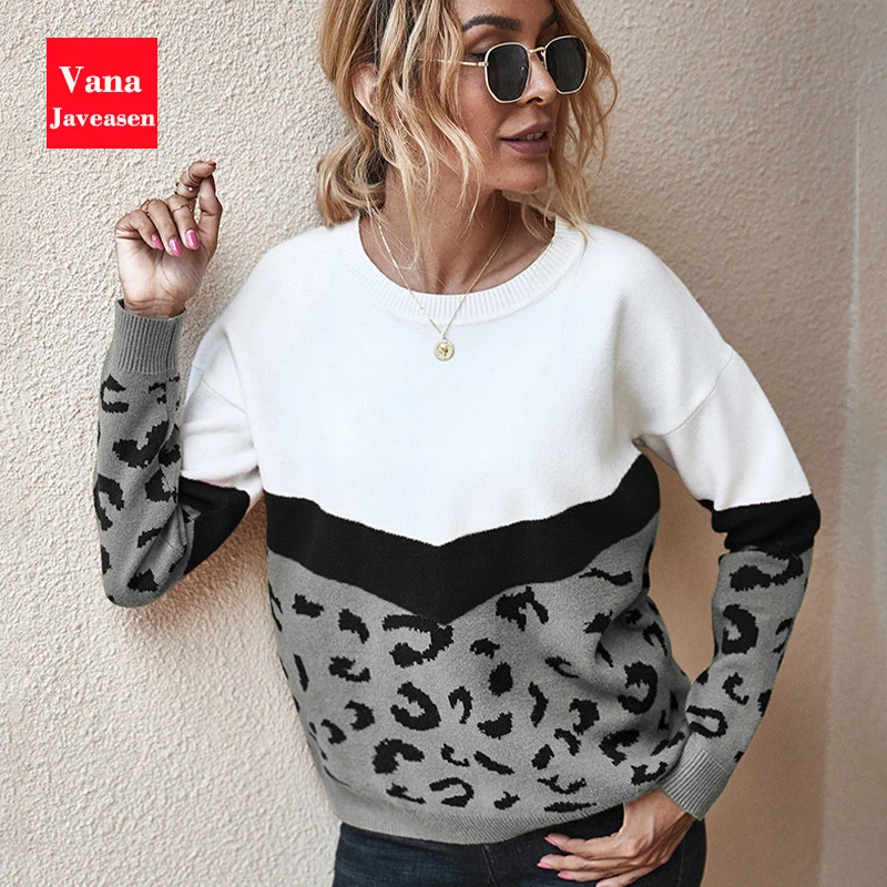 

Knitted Round Neck Patchwork Leopard Sweater Women Pullovers Casual Loose Long-Sleeve Knitwear Female Bottom Top 2022 New Spring