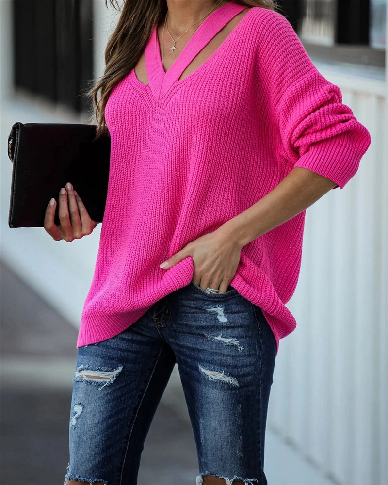 

Пуловер женский с V-образным вырезом, повседневный трикотажный свитер в стиле бохо, праздничный однотонный джемпер оверсайз с длинным рукав...