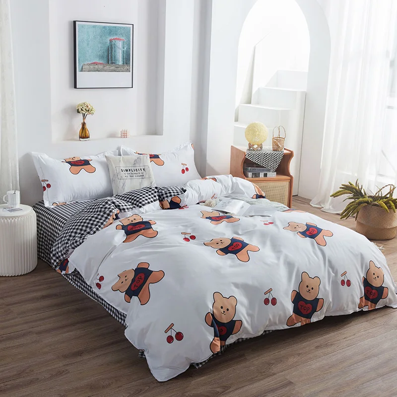 

Bear Duvet Cover 4Pcs Bedding Set Cartoon Bed Linen 2 People For Double Bed A/B Double-sided Pattern Home Textile