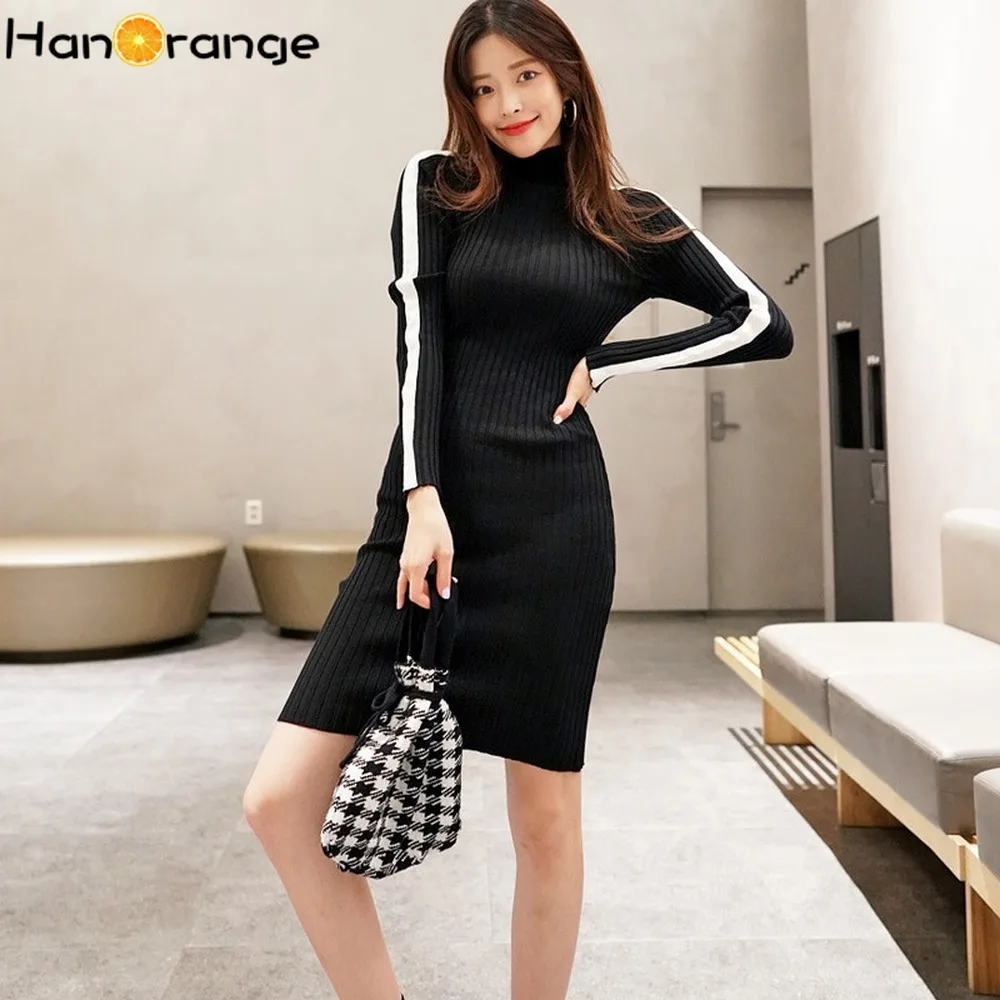 Водолазка трикотажное платье лоскутное белое Полосатое с длинным рукавом 2020