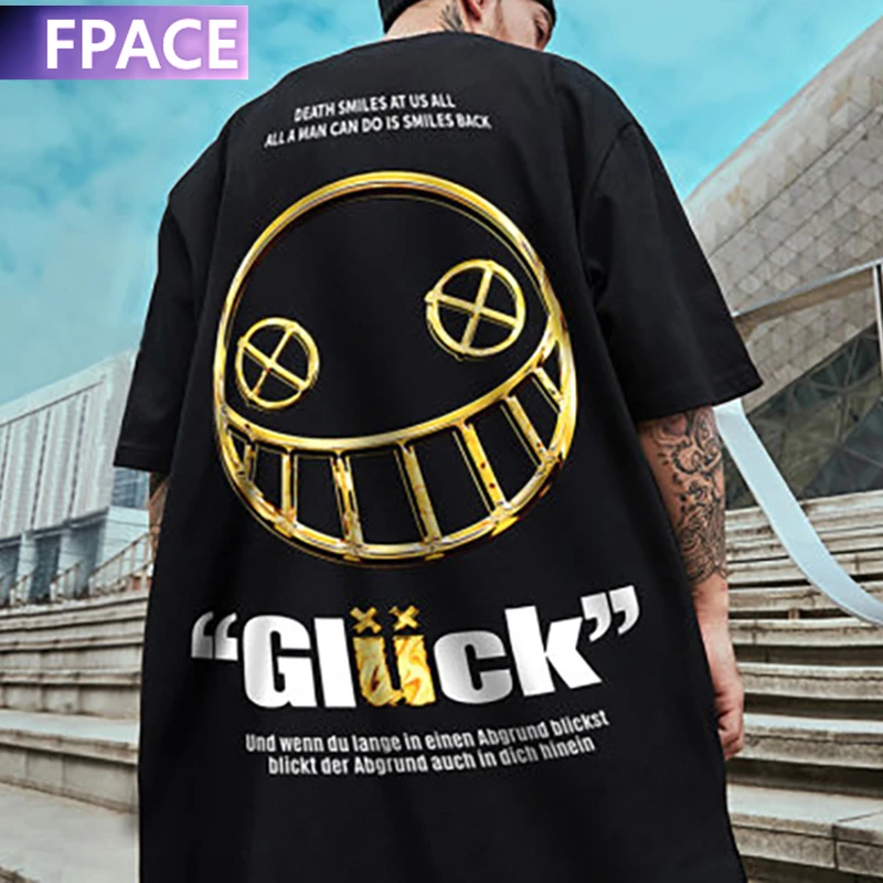 

FPACE Cotton T-Shirts Men 2020 Smiley Printed Short Sleeve Tshirts Summer Hip Hop Casual Cotton Tops Tees Streetwear