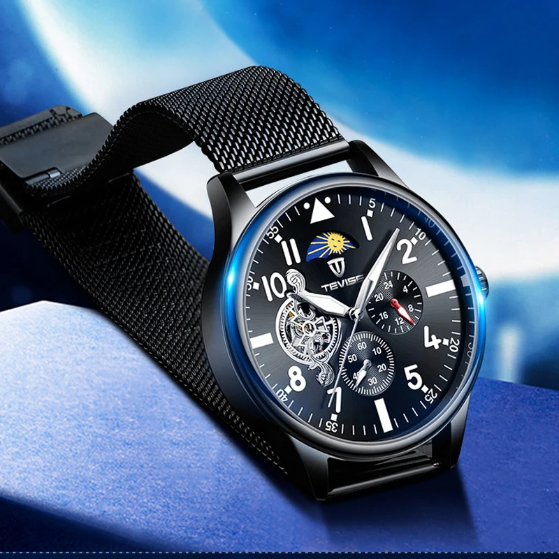 Tevise Новая мода для мужчин автоматические механические часы сталь Tourbillon Скелет наручные часы хронограф наручные часы Relogio Masculino