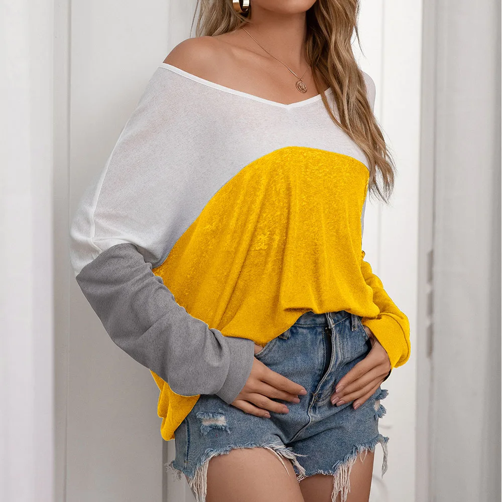 

Autumn Women V-neck Long Sleeve Splicing Color T shirts Loose Solid Color Bat Sleeve T-shirt Women's Clothing Vestidos
