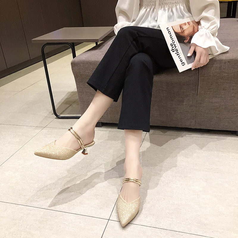 

Shoes Thin Heels Woman's Slippers Luxury Slides Cover Toe Square heel Heeled Mules Med 2021 Designer Block Summer High Soft Fabr
