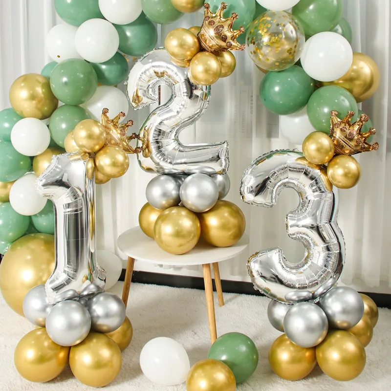 

16pcs/Set 32inch Silver Number Latex Balloons Golden Crown Foil Ball Baby Shower Kids Birthday Party Forest Jungle Decorations
