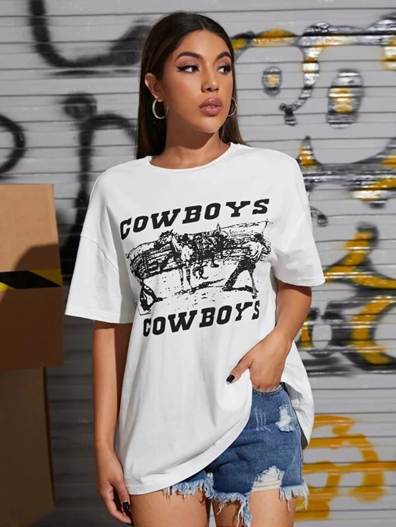 

Женская хлопковая футболка с коротким рукавом, белая футболка в американском винтажном ковбойском стиле, с графическим принтом, в стиле ове...