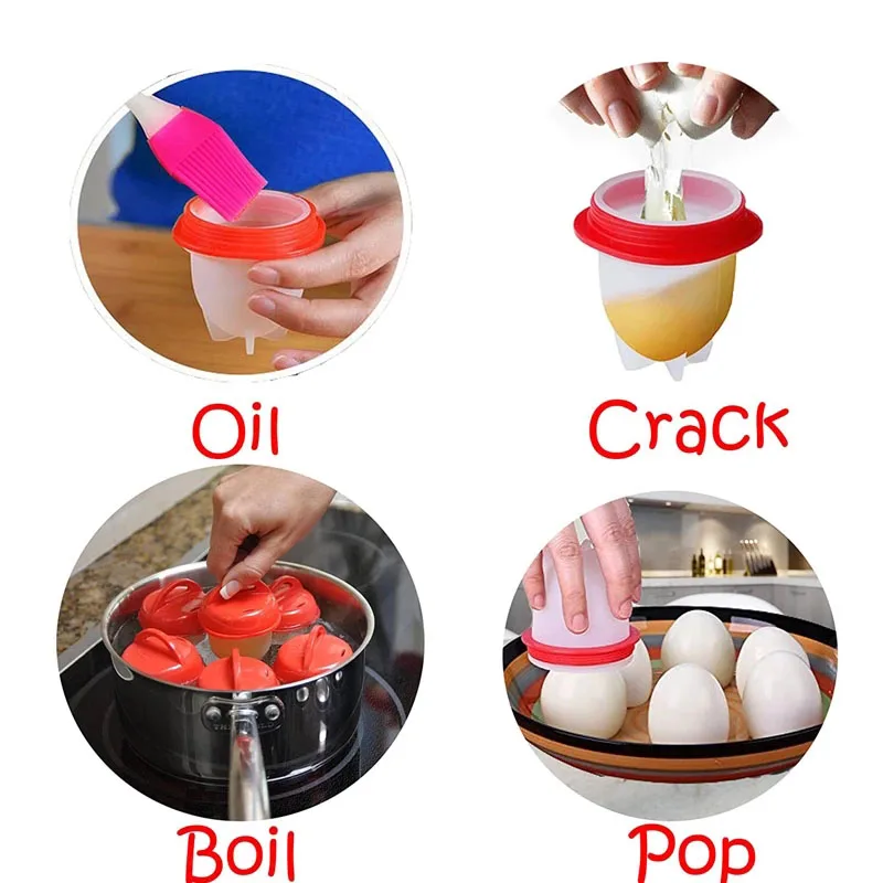 

6pcs/set Egg Cooker Poachers Non-stick Silicone Boiled Eggs Cup with Lid Cooking Egg Mold Kitchen Gadgets Baking Accessories