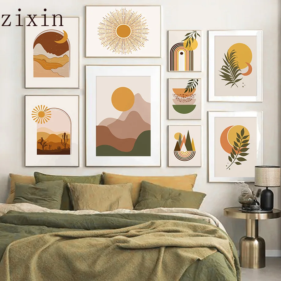 

Abstract Mountain Sun Moon Leaf Geometric Wall Art Canvas Painting And Prints Wall Pictures For Living Room DecorNordic Posters