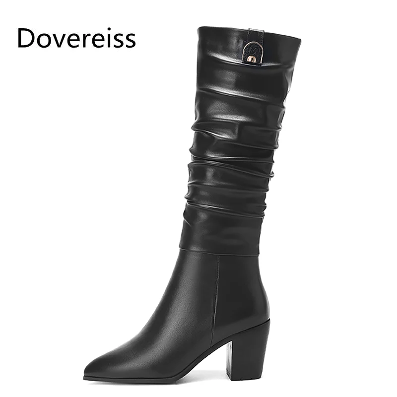 

Dovereiss Fashion Women's Shoes Winter new Elegant Pointed toe Zipper leather Chunky heels Knee high boots Concise Mature 33-45
