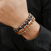 trendy male jewelry hand knitted braid genuine leather bracelet men punk metal charms braceletsbangles