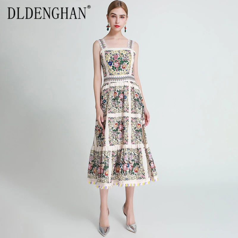 

DLDENGHAN Vintage Floral Print Midi Dress Women's Beaded Spaghetti Strap Tassel Hem Party Dresses Designer Spring New