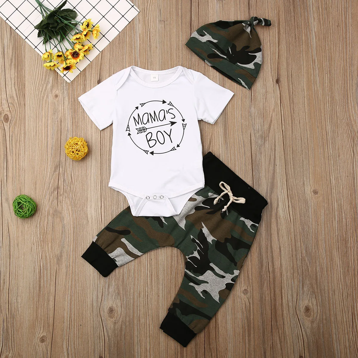 

Pudcoco Newborn Baby Boy Girl Clothes Short Sleeve Letter Print Romper Tops Camouflage Print Long Pants Headband 3Pcs Outfits