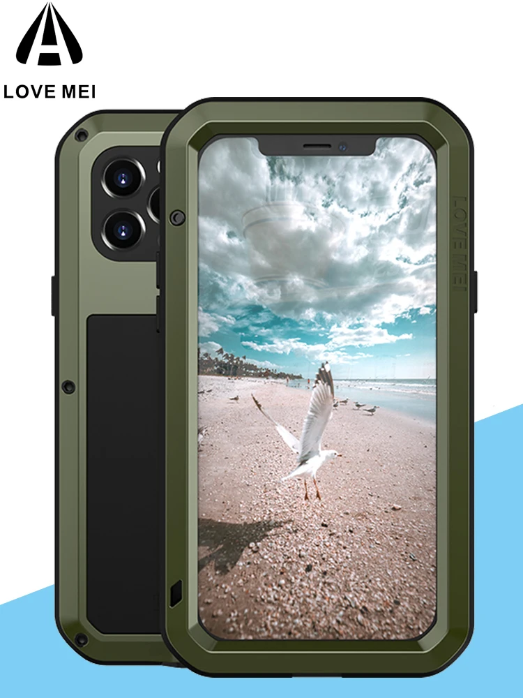 

Металлический водонепроницаемый чехол Love Mei для Apple Iphone 12 Pro Max mini, ударопрочный чехол с полным покрытием на 360 градусов, стеклянная пленка