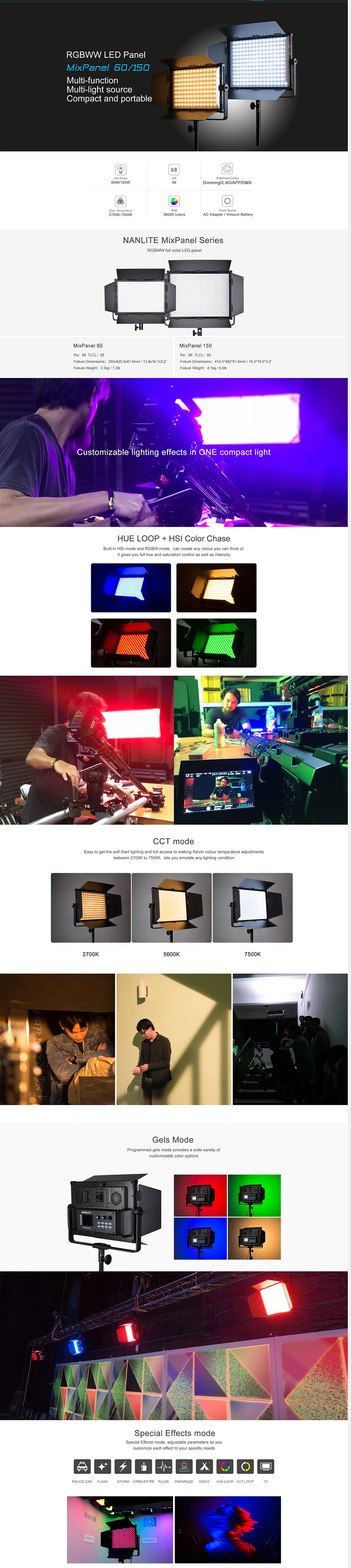 Nanlite микс панель 60 Вт/150 Вт 2700-7500 к RGB непрерывное видео мягкий светодиодный панельный светильник App/DMX/2,4G контроль затемнения с 10 цветовым эффектом