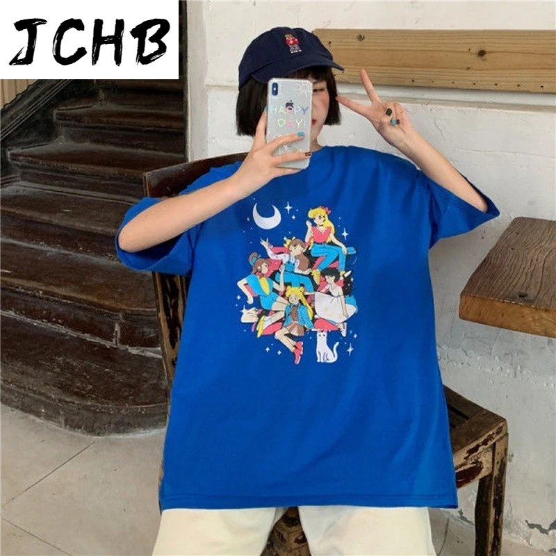 

2021 Harajuku Bf Style Cartoon Sweet T-shirt Women Short Sleeve Wild Womens Tops O-neck New Summeryoung Student Oversized Tshirt
