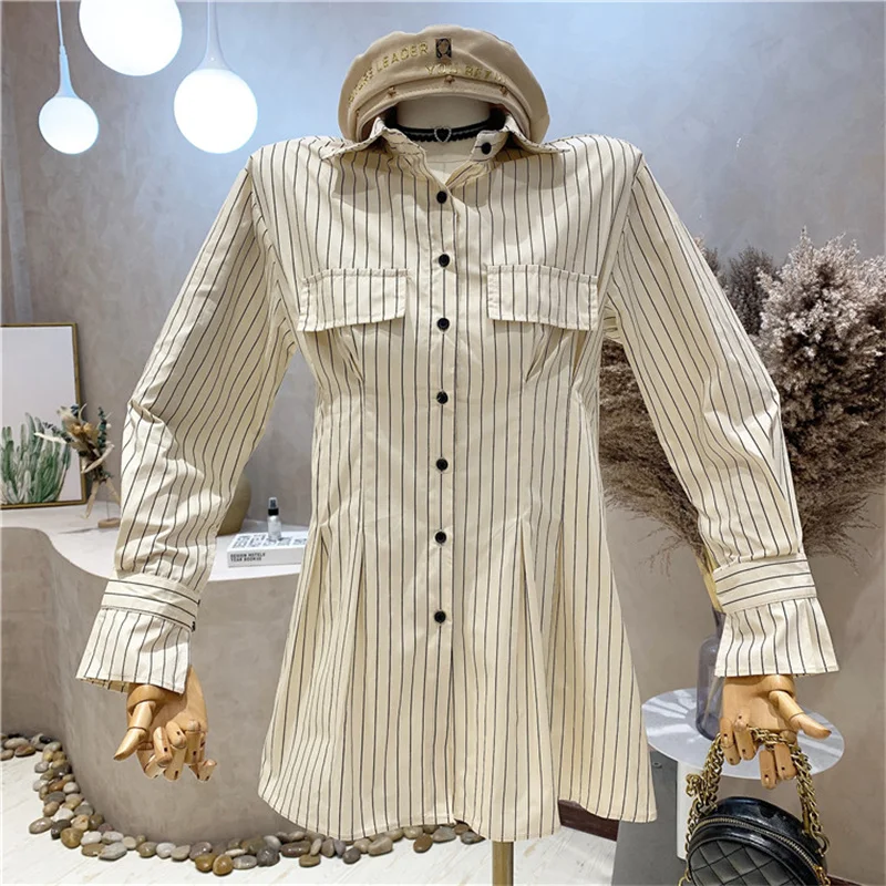 

Нишевый дизайн, новая женская одежда, осень 2021, Модный трикотажный жилет в стиле ретро с V-образным вырезом и полосатая рубашка средней длины...