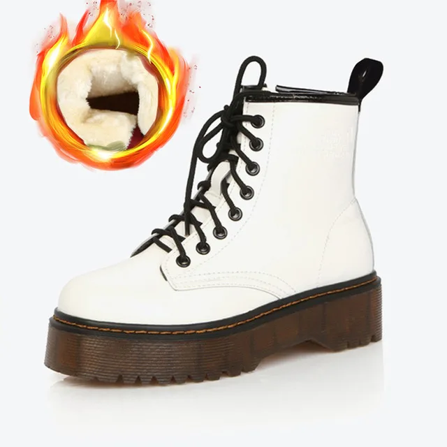 Botas/женские ботильоны в байкерском стиле; женские ботинки на танкетке со шнуровкой на платформе; сезон осень-зима; женские туфли-оксфорды из мягкой кожи; botas mujer - Цвет: white fur no zipper