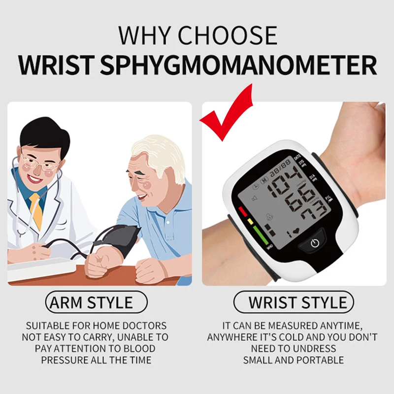

Wrist Blood Pressure Monitor Digital Sphygmomanometer Automatic Tonometer on the Wrist Pulse Heart Beat Rate Meter Device