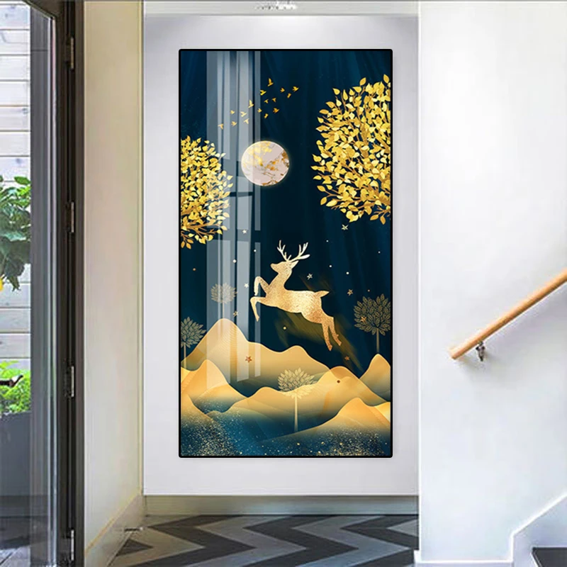 

Nordic Golden Plant Tree Canva Painting Deer Poster Print Abstract Wall Art Picture Modern Living Room Corridor Home Decor Mural