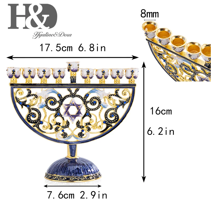 

H&D Hand Painted Enamel Floral Hanukkah Menorah Candlestick 9 Branch Candelabra Embellished with Crystals Home Decor Gift