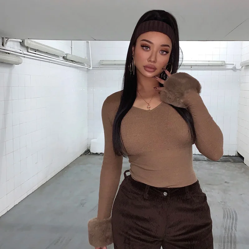 

3 Colors Hot Girl Super Desire V-Neck Furry Cuffs Super Waist Wool Blend Knit Sweater Bottoming Top