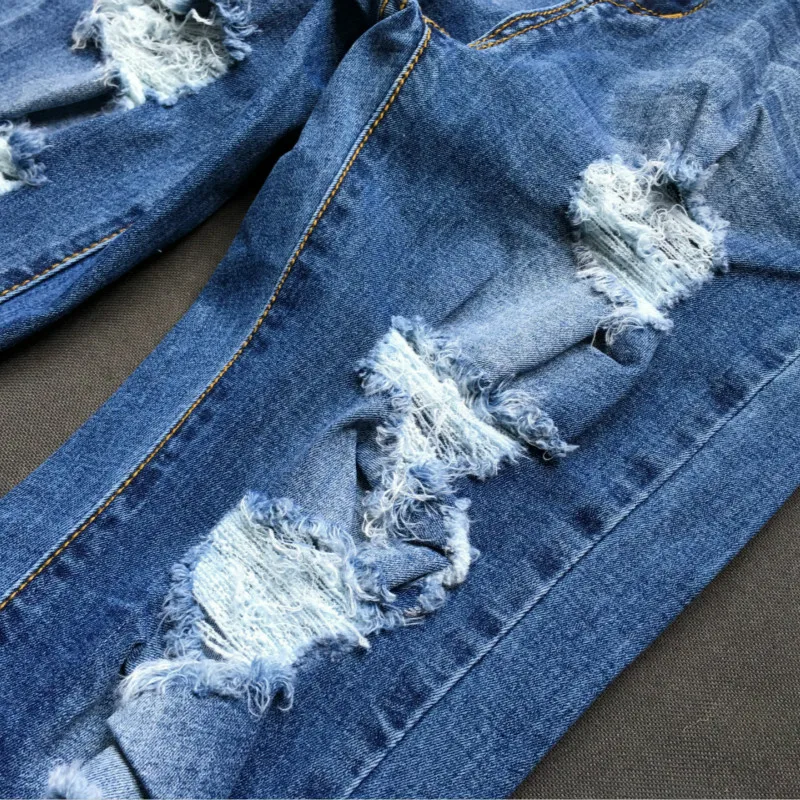 Женские джинсы в стиле знаменитостей модные синие узкие потертые с низкой