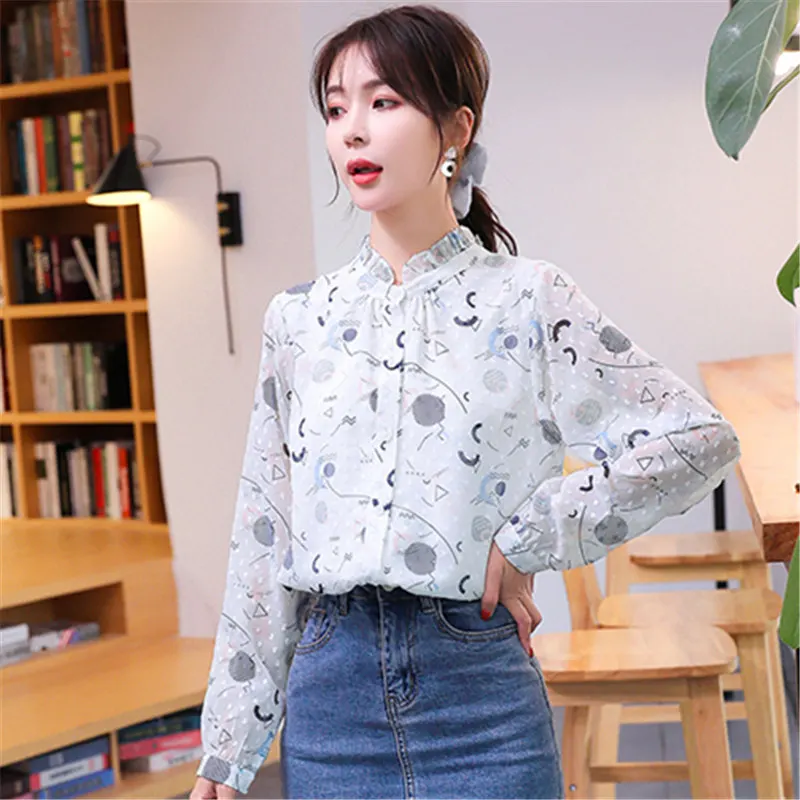 

2020 Autumn New Fashion Women Tops And Blouses Long Sleeve Printing Chiffon Shirts Office Lady Stand Collar Clothes Blusas Mujer