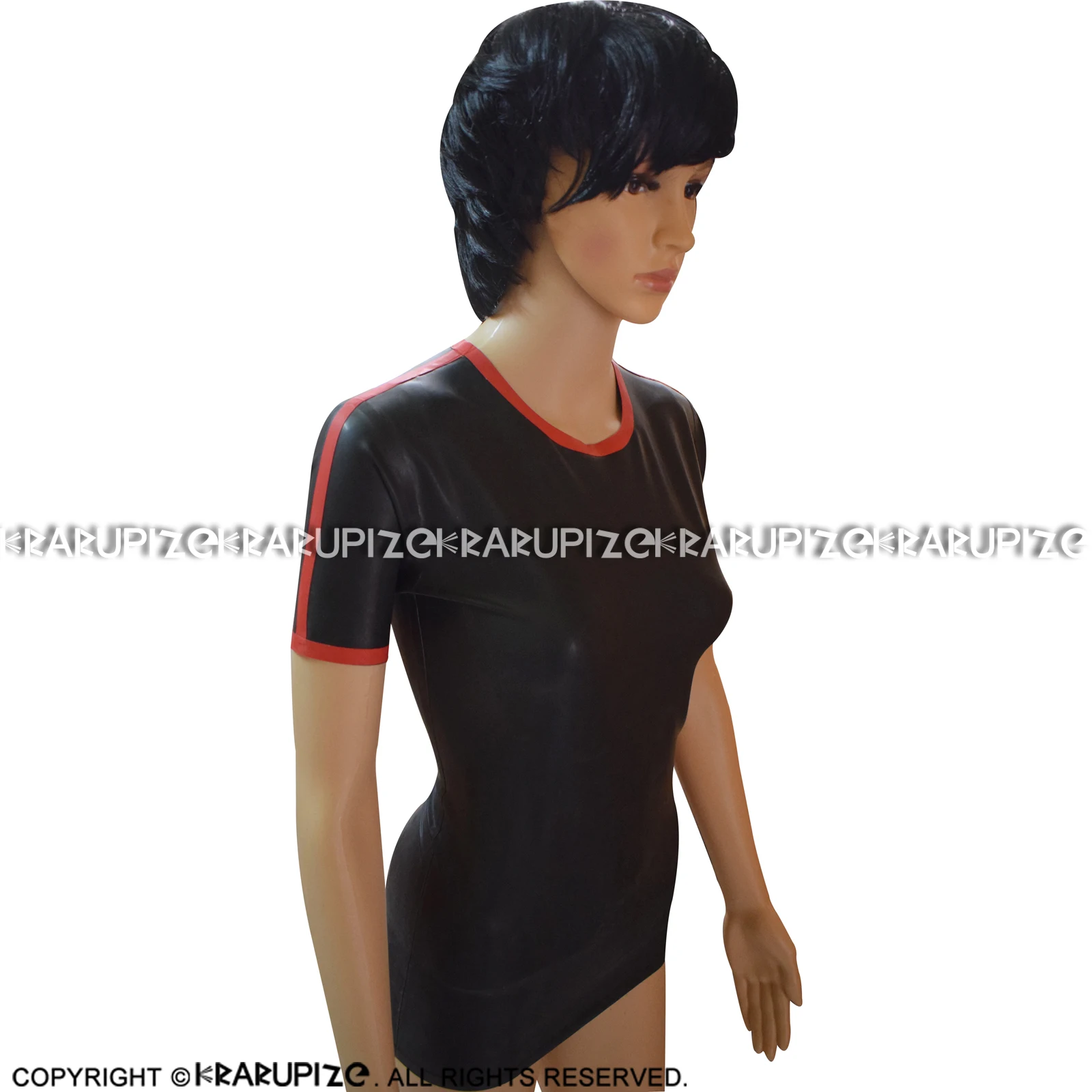 

Black And Red Trims Sexy Latex Shirt With Stripes On Sleeves Rubber Clothing Tank YF-0169