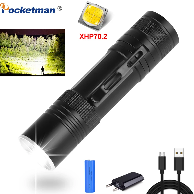 Яркий светодиодный фонарь XHP70.2, мощный фонарь, перезаряжаемый через USB, светодиодный фонарь XHP70 XHP50, фонарик с зумом, аккумулятор 18650